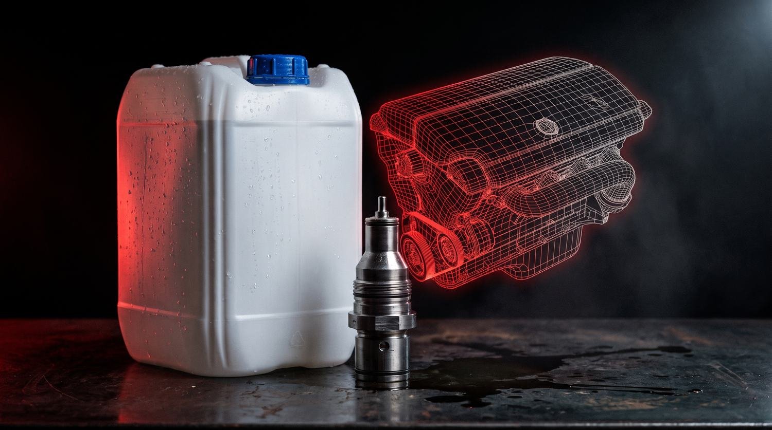 Bidon d'AdBlue et injecteur SCR sur l'établi