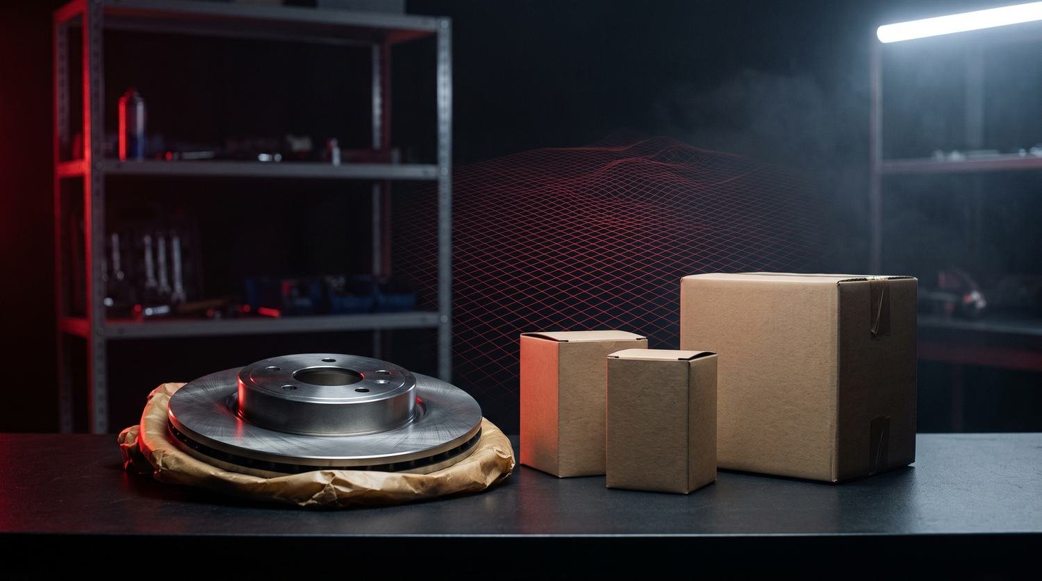 Disque de frein neuf et cartons de pièces sur l'établi de l'atelier